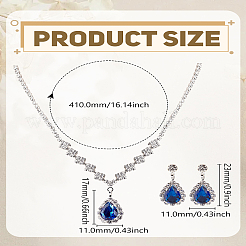 真鍮ラインストーンペンダントネックレス＆スタッドピアスセット  ティアドロップ  カプリブルー  23x11mm&nbsp;SJEW-LP0001-51A