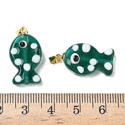 手作りランプワークペンダント  魚  真鍮  長持ちメッキ  ラックめっき  ゴールドカラー  ティール  23~24x13~14x7~8.5mm  穴：4.5x4mm&nbsp;LAMP-G168-04J