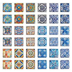 ガラスカボション  花模様の正方形  ミックスカラー  20x20x6.5mm  20個/袋&nbsp;GLAA-PJ0001-07B