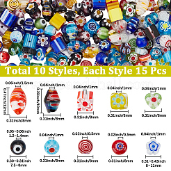 150個 10スタイル ハンドメイド ミルフィオリ ランプワーク ビーズ  混合図形  ミックスカラー  7.5~12x7.5~12x3~8mm  穴：0.5~1.5mm  15個/スタイル&nbsp;LAMP-PA0001-81
