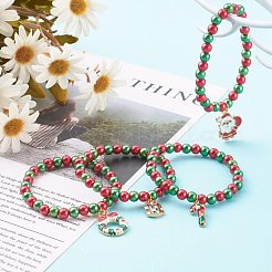 子供のためのクリスマスのテーマストレッチチャームブレスレット  イミテーションパールアクリルラウンドビーズとアロイエナメルペンダント付き  ゴールドカラー  ミックスカラー  内径：1-7/8インチ（4.8cm）&nbsp;BJEW-JB06170