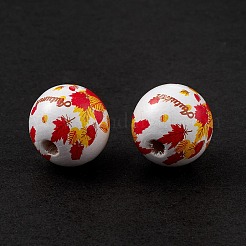 秋プリント天然木ヨーロピアンビーズ  大穴ビーズ  カエデの葉の模様とラウンド  レッド  19.5mm  穴：4.5mm&nbsp;WOOD-C015-04
