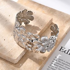 女性用304ステンレススチールカフバングル  花  ステンレス鋼色  内径：2-3/8x1-3/4インチ（5.9x4.4cm）&nbsp;BJEW-B108-08P