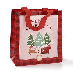 クリスマステーマラミネート不織布防水バッグ  ヘビーデューティストレージ再利用可能なショッピングバッグ  ハンドル付き長方形  ファイヤーブリック  クリスマスツリー模様  11x22x23cm&nbsp;ABAG-B005-02A-01