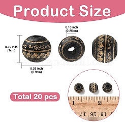 20個塗装天然木ビーズ  レーザー彫刻されたリーフ模様のラウンド  ブラック  10x9mm  穴：2.5mm&nbsp;WOOD-YW0001-67
