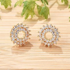 女性用フラワー真鍮マイクロパヴェクリアキュービックジルコニアスタッドピアス  カドミウムフリー＆鉛フリー  長持ちメッキ  ラックめっき  ゴールドカラー  12mm&nbsp;EJEW-G428-09G