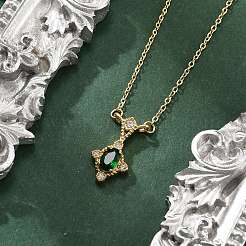 女性用304ステンレススチール製グリーンキュービックジルコニアペンダントネックレス  18KGP本金メッキ  菱形  16.26インチ（41.3cm）  ペンダント：16.5x9mm&nbsp;NJEW-C078-01E-G