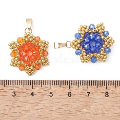 パール光沢板ガラスペンダント  花のチャーム  304ステンレススチール製のスナップオンベイルとシードビーズ付き  多面カット  ミックスカラー  24.5x22x8.5mm  穴：2.5x6.5mm&nbsp;PALLOY-MZ01312