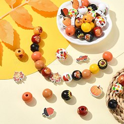 100個 15スタイル ラウンド＆フラワーウッドヨーロピアンビーズ  ミックスカラー  9~20x16~20x5~19.5mm  穴：2~4.5mm&nbsp;WOOD-CJ0002-45