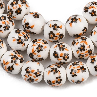 Handmade Flower Printed Porcelain Ceramic Beads Strands&nbsp;PORC-M007-10mm-04-1