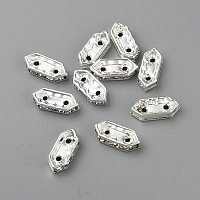 真鍮中東ラインストーンブリッジスペーサー  クリスタルラインストーンインレイ5個  ニッケルフリー  六角  銀  11x4.5x2.5mm  穴：1mm  2の穴&nbsp;RSB021NF-2