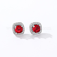 Elegant Zircon Square Stud Earrings for Women, Fashionable and Versatile, Square, Silver, Red, 9x9mm