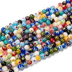 ラウンド手作りのミッレフィオーリガラスビーズ連売り  ミックスカラー  6mm  穴：0.5mm  約65個/連  14.1インチ