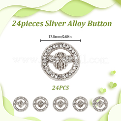 24穴合金ラインストーンボタン1個  ミツバチとフラットラウンド  プラチナ  17.5x7mm  穴：2mm  24個/セット&nbsp;BUTT-CA0001-28B