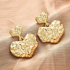 Hammered Heart Brass Dangle Stud Earrings&nbsp;EJEW-R025-23G