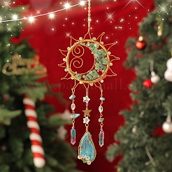 Wire Wrapped Natural Green Aventurine & Metal Sun with Moon Pendant Decorations&nbsp;PW-WG96896-01