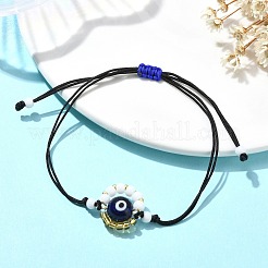 ナザールボンジュウの手作りランプワークとガラスの調節可能な編み込みビーズブレスレット  ミッドナイトブルー  内径：3-1/8インチ（7.95cm）&nbsp;BJEW-MZ00099-05