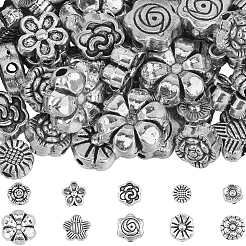 80個10スタイルチベットスタイルアロイビーズ  アンティークシルバー  5.5~9.5x5.5~9.5x3~4mm  穴：1~1.5mm  8個/スタイル&nbsp;TIBE-SC0002-46