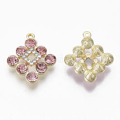 黄金は、合金チャームメッキ  ガラスラインストーン付き  菱形  ライトコーラル  23x20x5~6mm  穴：1.4mm&nbsp;LS-PALLOY-N154-01C