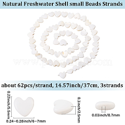 3 連売り天然淡水貝ビーズ 連売り  トップドリルビーズ  ハート  乳白色  6~7x5.5~7x2.5mm  穴：0.7mm  約62個/連  14.57インチ（37cm）&nbsp;SHEL-LT0001-02