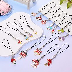 合金エナメル携帯ストラップ  ナイロンコード付き  きのこ模様  10~11.5cm  ペンダント：15~26.5x13~20x1.5mm  16個/セット&nbsp;HJEW-SW00022-02