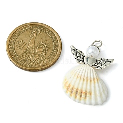 スパイラルシェルエンジェルペンダント  合金の翼が付いた天使のチャーム  アンティークシルバー  35x22.5x9mm  穴：3mm&nbsp;PALLOY-JF02507-02