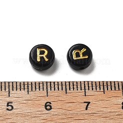 不透明なメッキアクリルビーズ  ゴールドライン入り  アルファベット付きフラットラウンド  文字r  7x3.5mm  穴：1.2mm  約3846個/500g&nbsp;OACR-R005-03R