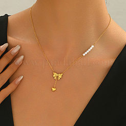 Stainless Steel & Imitation Pearl Bowknot Heart Pendant Necklaces for Women Daily Wear&nbsp;YC4857