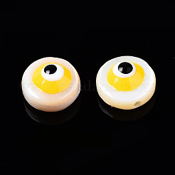天然淡水シェルビーズ  エナメル  ナザールボンジュウ付きフラットラウンド  きいろ  6x3~4mm  穴：0.8mm&nbsp;SHEL-N003-16F