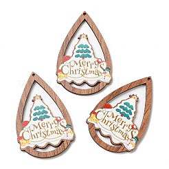 片面クリスマスプリントウッドビッグペンダント  クリスマスツリーのティアドロップチャーム  カラフル  54x34.5x2.5mm  穴：1.8mm&nbsp;WOOD-D025-33