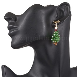ガラスダングルスタンドピアス  クリスマスツリー  ゴールドカラー  ライムグリーン  50x18mm&nbsp;EJEW-MZ00503