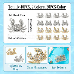 2色合金ラインストーンペンダント40個。  カニチャーム  鉛フリー＆カドミウムフリー  プラチナ＆ライトゴールド  17.5x22x3mm  穴：1.8mm  20個/カラー&nbsp;FIND-TA0010-67