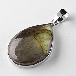 天然ラブラドライトティアドロップペンダント  プラチナメッキ真鍮パーツ  34~60x13~35x5~15mm  穴：4x7mm&nbsp;G-L350-03