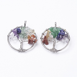 天然石&合成ミックスストーンペンダント  真鍮パーツ  命の木とフラットラウンド  プラチナ  29x5~7mm  穴：4.5mm&nbsp;G-E419-P