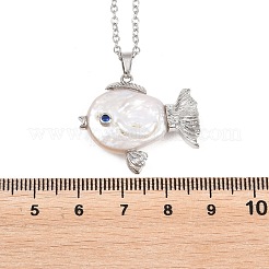 天然バロックケシパールフィッシュペンダント真鍮チェーンネックレス  乳白色  ステンレス鋼色  17.72インチ（45cm）&nbsp;NJEW-XCP0001-10