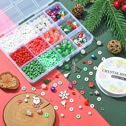 Diyのクリスマスブレスレット作りキット  ガラスラウンドビーズとポリマークレイディスクビーズを含む  リース＆ソックス合金エナメル＆アルミニウムベル＆ポリコットンタッセルペンダント  ミックスカラー  1053個/箱&nbsp;DIY-YW0006-86