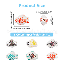 24個 6色ハンドメイドプリント磁器ビーズ  魚  ミックスカラー  14.5~15x11.5~12x7~7.5mm  穴：1.6mm  4個/カラー&nbsp;PORC-HS0001-01