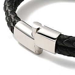 304ステンレススチール製スカルビーズダブルループマルチ連ブレスレット、マグネット留め金付き  男性女性のためのレザーコード付きゴシックブレスレット  ブラック  8-5/8インチ（22cm）&nbsp;BJEW-C021-23P