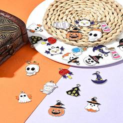 26pcs13スタイルハロウィーンテーマ合金エナメルペンダント  カドミウムフリー＆ニッケルフリー＆鉛フリー  プラチナ  混合図形  ミックスカラー  16.5~28x15~26x1~1.5mm  穴：1.6~2mm  2個/スタイル&nbsp;ENAM-FS0002-08