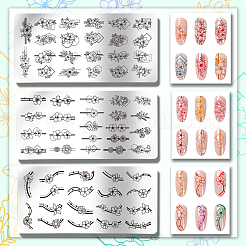 ステンレス鋼の DIY ネイルアート テンプレート  テンプレートツール  長方形  花  12x6cm  3個/セット&nbsp;MRMJ-WH0092-034