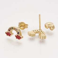 真鍮製キュービックジルコニアスタンドピアス  エナメルとイヤーナッツ  レインボー  ゴールドカラー  レッド  6x11mm  ピン：0.7mm&nbsp;EJEW-S201-169B