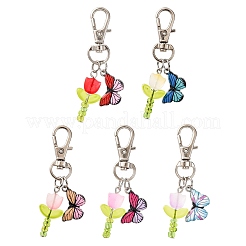 5Pcs Glass Tulip & Alloy Enamel Butterfly Pendant Decorations&nbsp;HJEW-JM04154