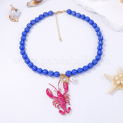 Alloy Enamel Hot Pink Lobster Pendant Plastic Beaded Necklaces for Women&nbsp;FS-WG5F5C8-01
