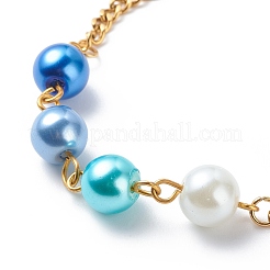 女性用 304 ステンレススチールカーブチェーン付きガラスパールリンクブレスレット  ミックスカラー  7-1/4インチ（18.5cm）&nbsp;BJEW-JB08708