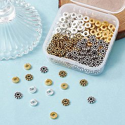 200個4スタイルチベットスタイルアロイスペーサービーズ  ドーナツと花  ミックスカラー  6~6.5x2mm  穴：2~2.5mm  50個/スタイル&nbsp;FIND-YW0003-77