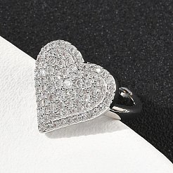 Heart Brass Micro Pave Cubic Zirconia Cuff Rings for Women&nbsp;RJEW-A069-12P-02