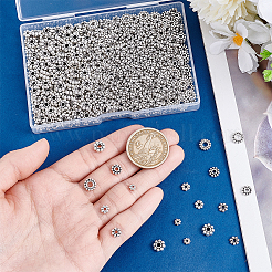 チベット風ビーズ6種類660個  カドミウムフリー＆鉛フリー  花  アンティークシルバー  4~8x1~3mm  穴：1~2.5mm&nbsp;TIBEB-PH0005-34