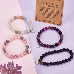 4Pcs 4 Styles Natural Mixed Gemstone Round Beaded Stretch Bracelets Set with Alloy Heart Charms&nbsp;BJEW-AN0001-72