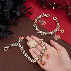 2 個のハロウィンテーマ合金エナメルカボチャジャック-o'-ランタン & 魔女の帽子チャーム財布ストラップエクステンダー  鉄のチェーン付き  財布作り用品  ライトゴールド  25cm&nbsp;AJEW-PH0004-99