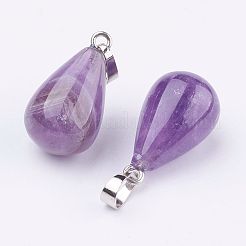 天然石アメジストペンダント  プラチナトーンの真鍮パーツ  ドロップ  24~24.5x14mm  穴：5x7mm&nbsp;X-G-K187-04B